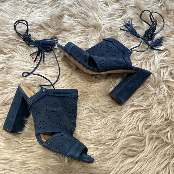 Ivanka Trump blue suede fringe lace up heels - Picture 6 of 9